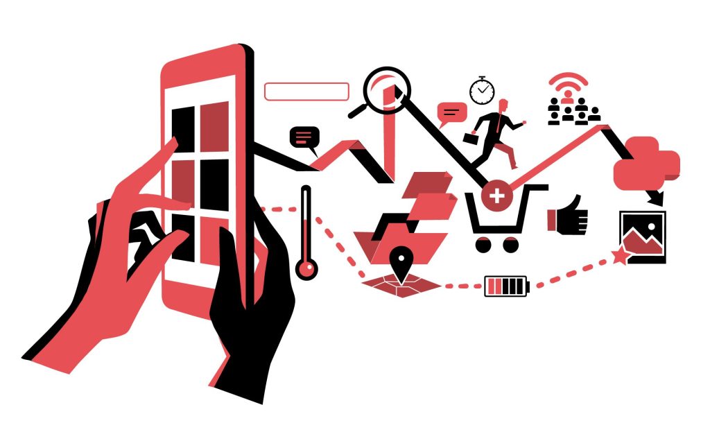 Diese Grafik zeigt eine Hand, die ein Smartphone hält, integriert mit verschiedenen Elementen, die Datenanalyse, Benutzerinteraktion und E-Commerce repräsentieren, um die Verbindung zwischen Technologie und Verbraucherverhalten zu verdeutlichen.