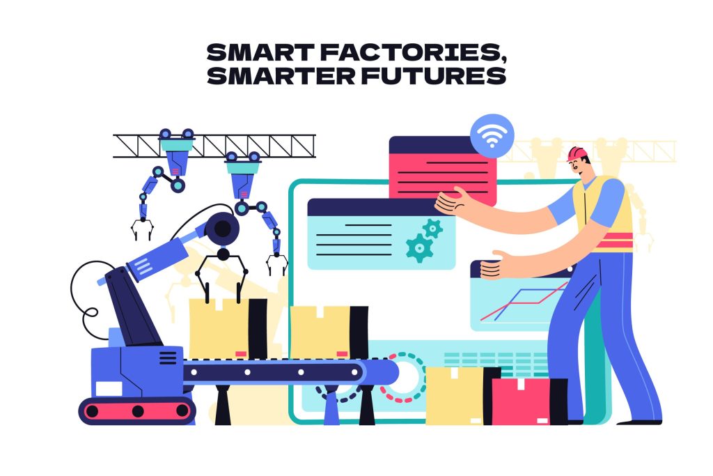 Diese Illustration zeigt die Integration von Robotik und Datentechnologie in der modernen Fertigung und verdeutlicht die Zukunft der intelligenten Fabriken.