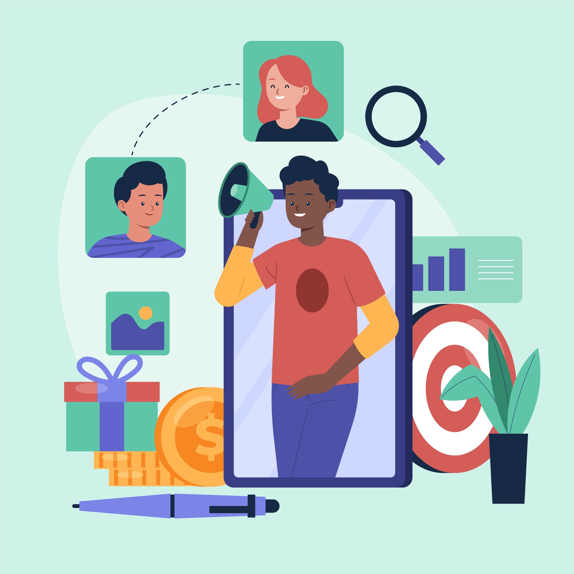 Diese Illustration stellt ein lebendiges Social-Media-Marketingkonzept dar, das eine Figur zeigt, die ein Megaphon vor einem Smartphone hält. Zu den umgebenden Elementen gehören Profilbilder, Analysediagramme und thematische Symbole wie Geschenke und Geld, die Engagement und Strategie im digitalen Marketing symbolisieren.