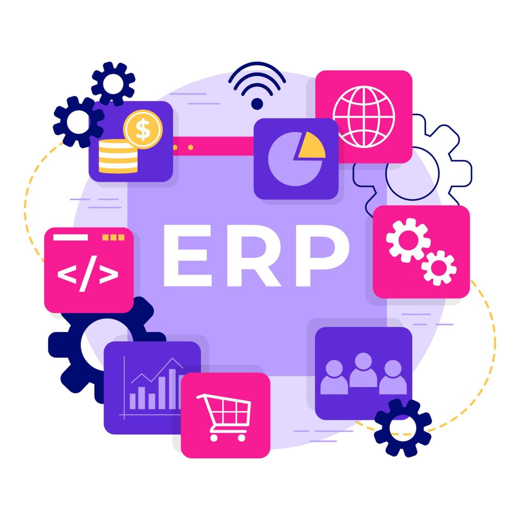 Diese Illustration zeigt ein grafisches Konzept für ein ERP-System (Enterprise Resource Planning), das verschiedene Komponenten wie Finanzen, Analytik, Zusammenarbeit und E-Commerce mit lebendigen Symbolen darstellt, die alle um den ERP-Rahmen herum angeordnet sind.