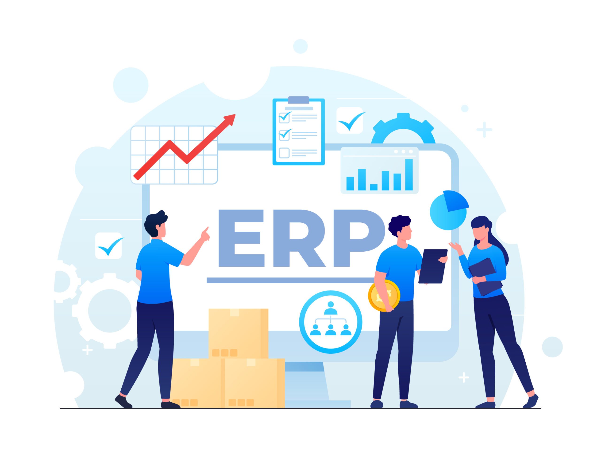 Diese Illustration zeigt ein Team, das um ein ERP-System (Enterprise Resource Planning) herum zusammenarbeitet. Es zeigt Einzelpersonen, die sich mit Diagrammen, Berichten und Datenvisualisierungen beschäftigen, während eine zentrale „ERP“-Anzeige die Bedeutung des Systems für die Optimierung von Geschäftsprozessen verdeutlicht.