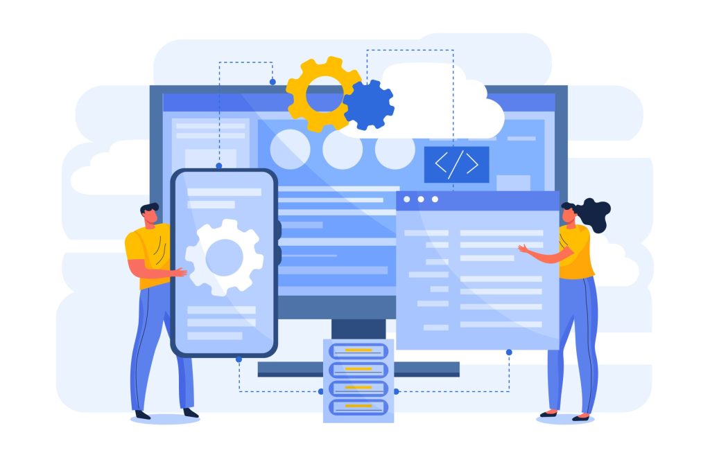 Diese Illustration zeigt eine kollaborative Webentwicklungsszene, die die Interaktion zwischen Teammitgliedern hervorhebt, die an Kodierungs- und Designelementen auf digitalen Plattformen arbeiten.