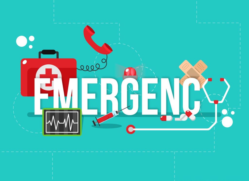 Auf dieser Illustration ist das Wort „EMERGENCY“ prominent dargestellt, umgeben von verschiedenen medizinischen Symbolen.Zu den Symbolen gehören ein roter Verbandskasten, ein Telefon, ein Stethoskop, eine Spritze, Verbände und ein Herzschlagmonitor.Der helle Hintergrund und das klare Design unterstreichen die Dringlichkeit und Wichtigkeit der medizinischen Notfallversorgung.