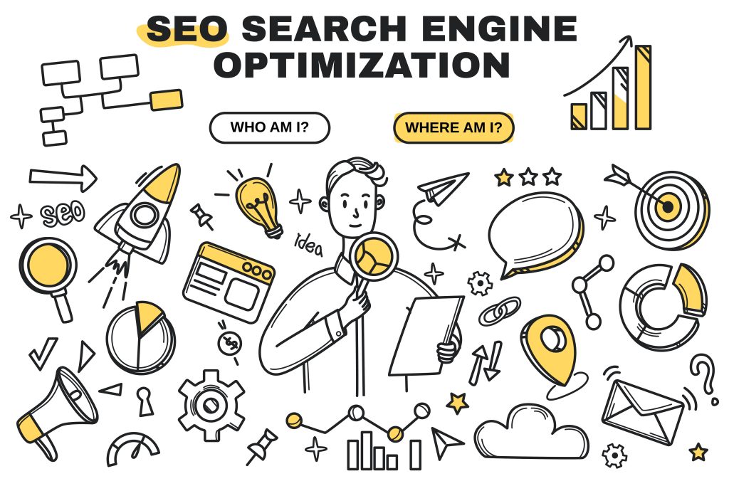 Vektor-Doodle-Icons von SEO-Technologie und statistischer Analyse.
