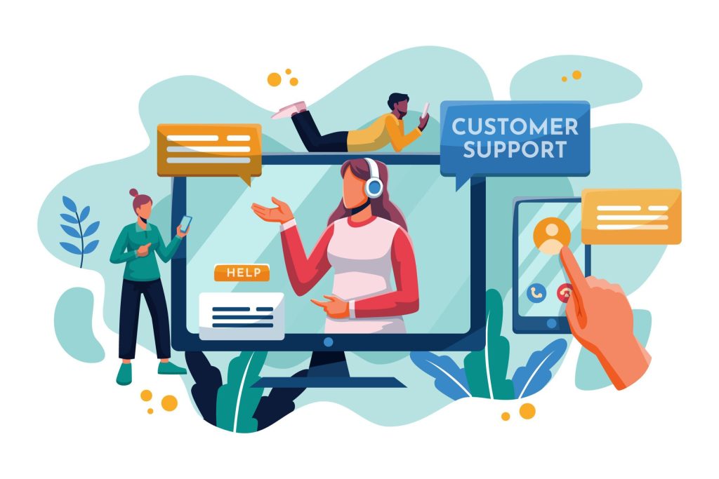 Vektorillustration der Kundenbetreuung, die den Support-Prozess und die Interaktion zwischen Kunden und Unternehmen darstellt.