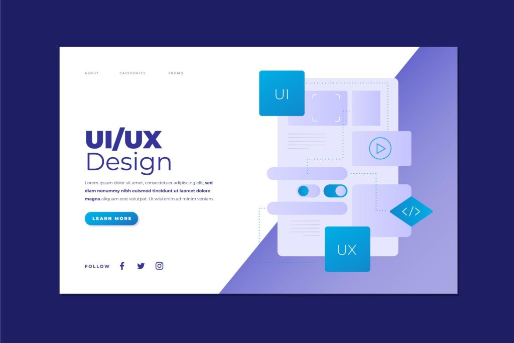 Diese Illustration zeigt eine elegante Landing Page für UI/UX-Design-Dienstleistungen, die Schlüsselelemente wie Navigation, Designkomponenten und einen Call-to-Action für Benutzer hervorhebt, um mehr über Designmethoden zu erfahren.