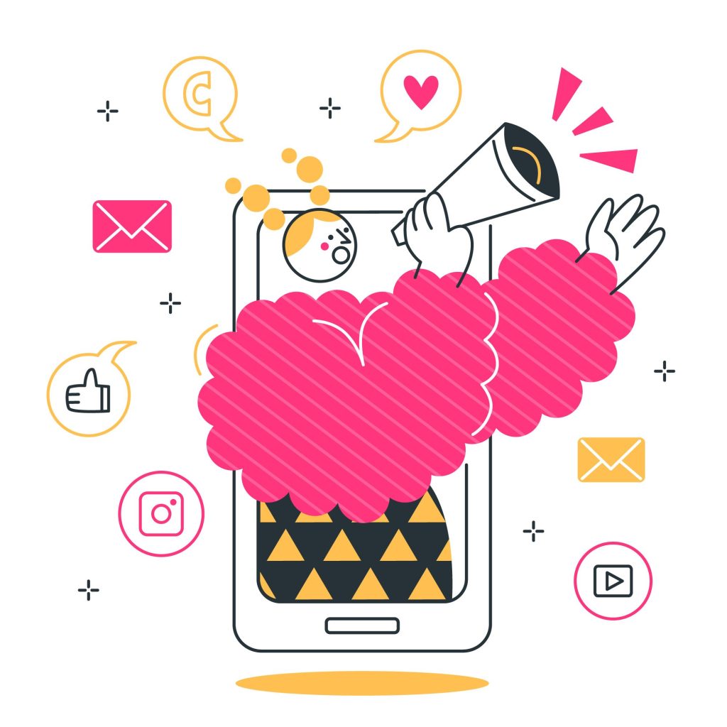 Diese Illustration zeigt ein lebendiges Konzept für das Engagement in den sozialen Medien mit einer Figur, die aus einem Smartphone auftaucht und ein Megaphon hält. Zu den umgebenden Elementen gehören verschiedene Social-Media-Icons und Symbole, die für Kommunikation, Verbindung und digitale Interaktion stehen.