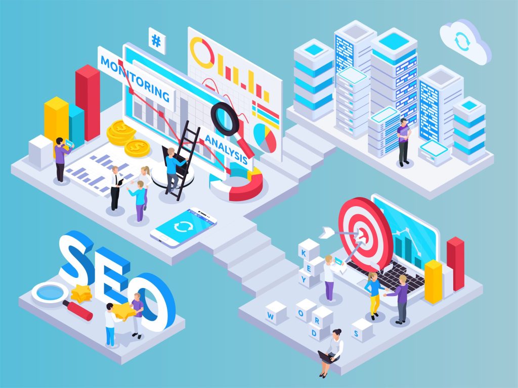 Isometrische Komposition eines SEO-Projekts.