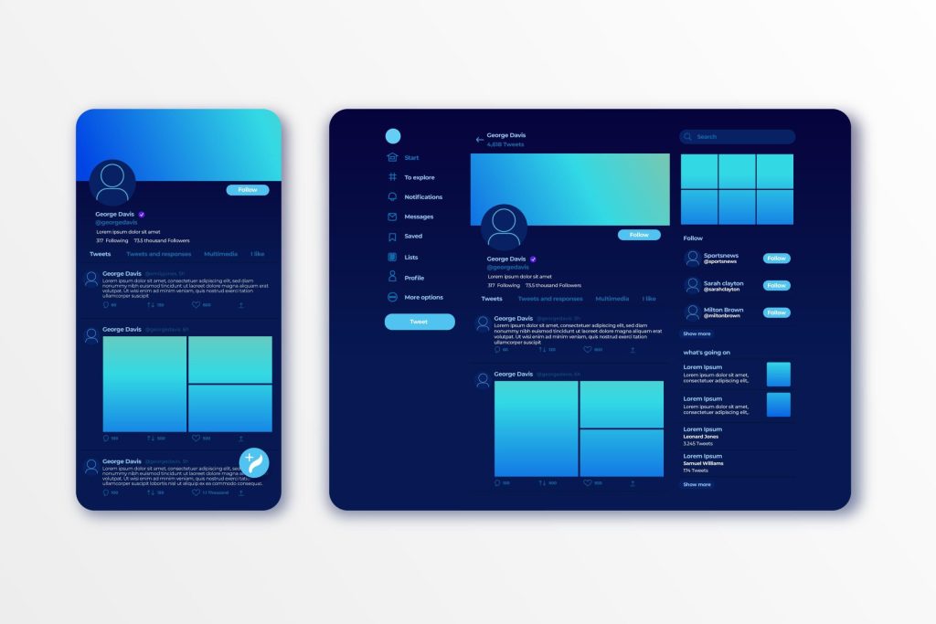 Diese Illustration zeigt ein elegantes Design einer Social-Media-Profilschnittstelle, das Benutzerinteraktionen, Beiträge und Navigationselemente in einer modernen Ästhetik hervorhebt.