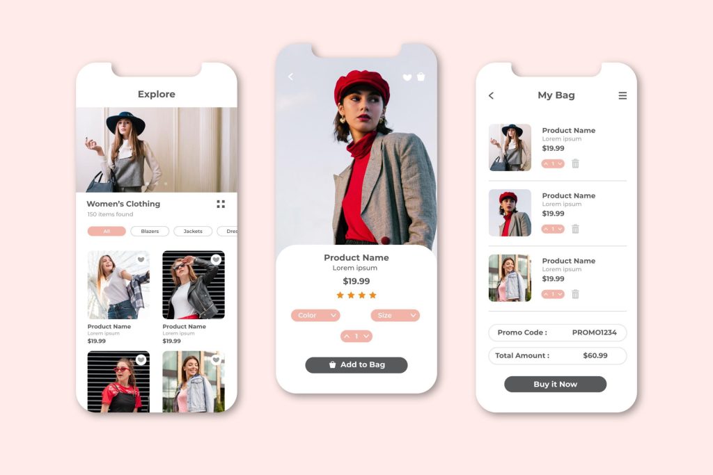 Diese Illustration zeigt die Oberfläche einer modernen mobilen E-Commerce-App für Mode mit einem Erkundungsbereich für Damenbekleidung und einer Übersicht über die Einkaufstaschen für eine einfache Produktverwaltung und Kasse.