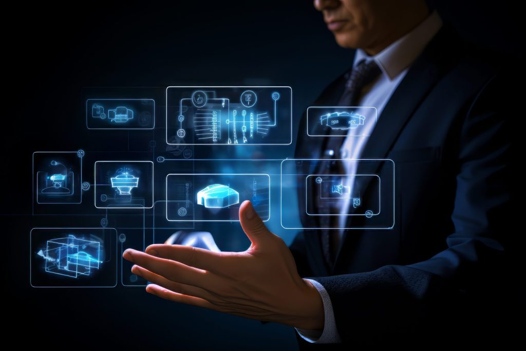 Diese Illustration zeigt einen Fachmann, der mit einer digitalen Benutzeroberfläche für Geschäftsanalysen interagiert, die holografische Anzeigen verschiedener Datenmetriken, Diagramme und Grafiken enthält, die wichtige Geschäftseinblicke und Trends hervorheben.