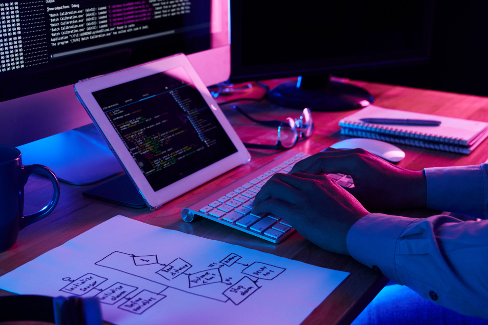 Programmieren auf einem Tablet mit Flussdiagramm und zwei Monitoren ermöglicht eine effiziente Visualisierung und Planung von Code.