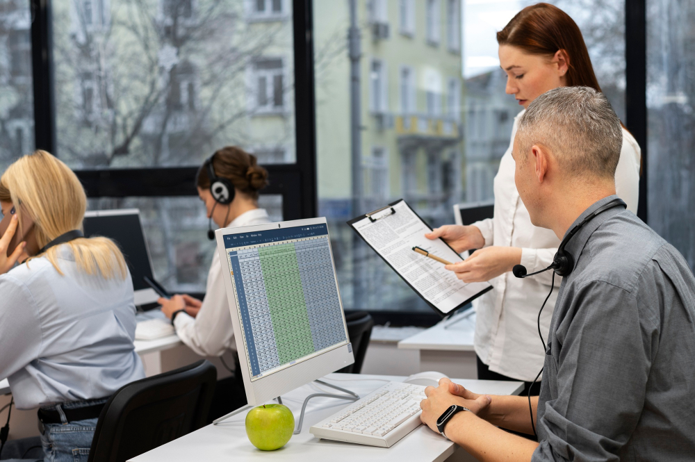Ein Mitarbeiter, der mit Bürokollegen an Excel arbeitet.