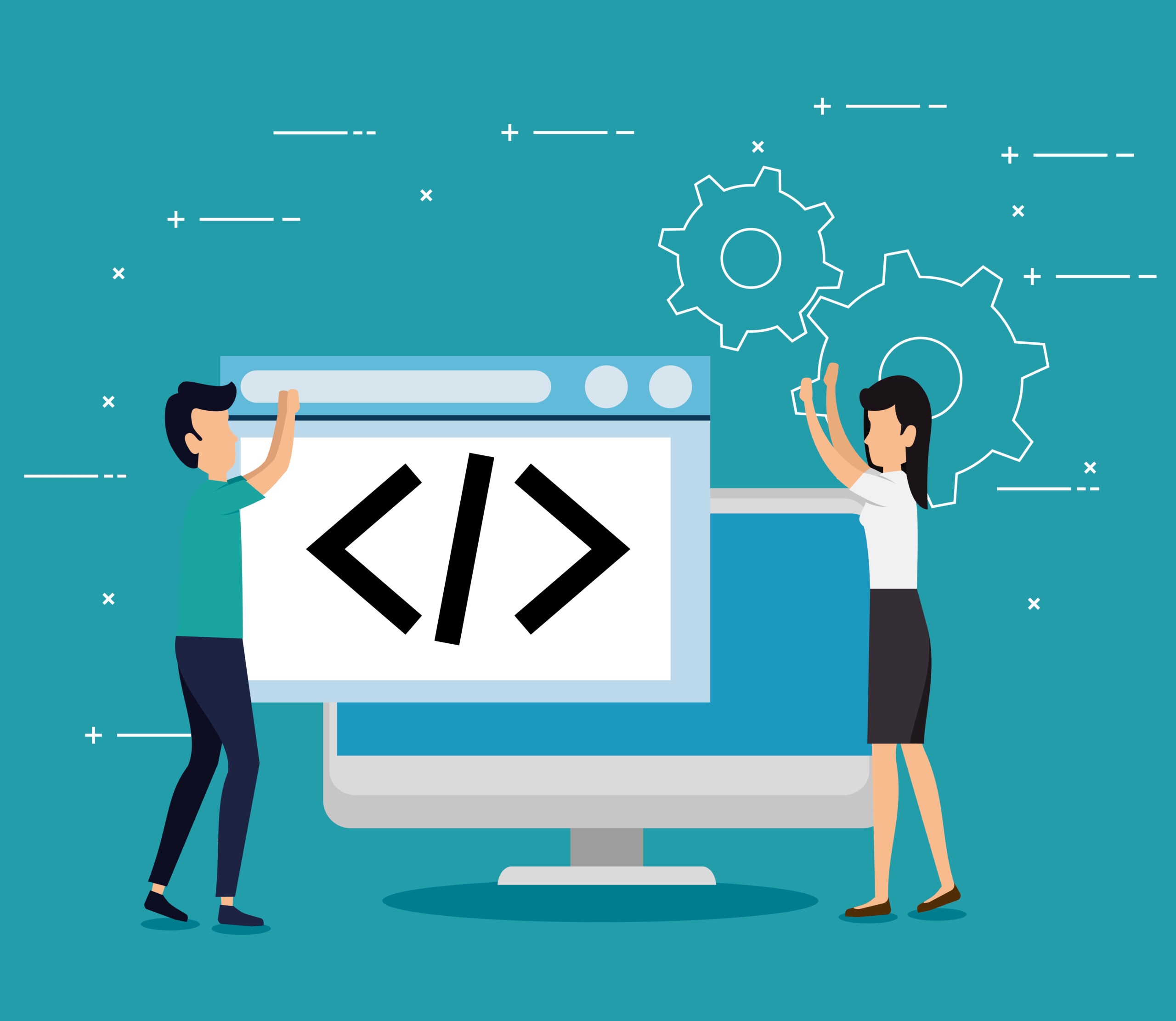 Eine kollaborative Programmier-Illustration mit Zahnradelementen symbolisiert die Teamarbeit und das präzise Zusammenspiel von Ideen und Technologie.