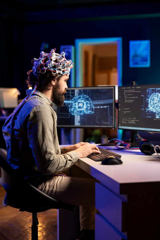 Ein Mann, der an einem Computer sitzt und mit künstlicher Intelligenz arbeitet, konzentriert in einer technologischen Arbeitsumgebung.