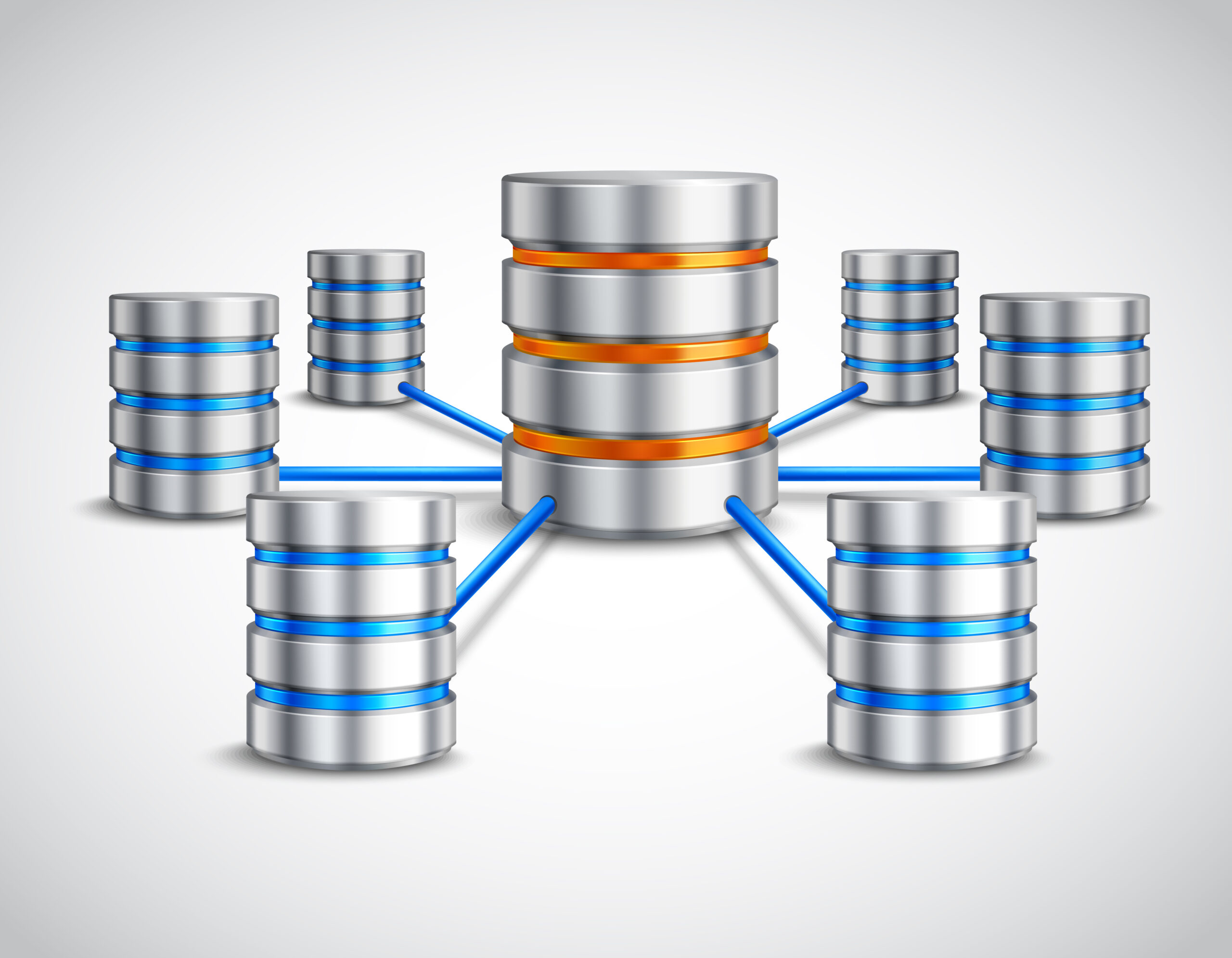 Network database concept with hosting data devices connected realistic 3d vector illustration