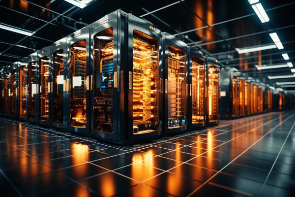 Futuristisches Computernetzwerk, das die globale Kommunikation innerhalb einer modernen Fabrik antreibt, erzeugt durch KI.
