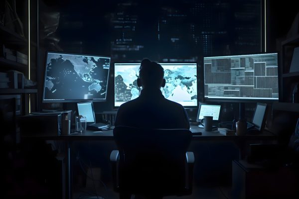 Silhouette eines Hackers in einem dunklen Raum mit Computern und Bildschirmen.